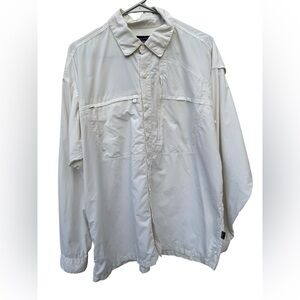 Patagonia Button Up Shirt Mens L Beige Long Roll Tab Sleeve Zip Pockets Gorpcore